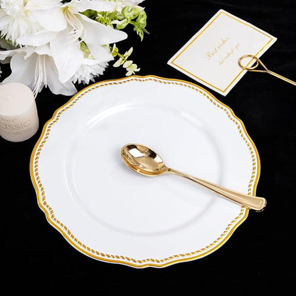 Hioasis 60pcs Gold Plastic Plates - White and Gold Disposable Dinnerware with Gold Rim, Heavy-duty, 10.25 inch, Dinner Plates for Party & Wedding