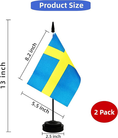 2 Pack Sweden Desk Flag, Swedish Table Office Flag with Solid Pole and Stand Base, International Country Flag, Festival Celebration, Classroom Meeting Desktop Decoration (Sweden)