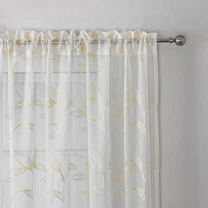 VISIONTEX Sheer Curtains 95 inch Length 2 Panels Set, White Voile Crushed Cream Vine Leaves Embroidery, Rod Pocket Embroidered Window Drapes for Living Room and Bedroom, 54" x 95"