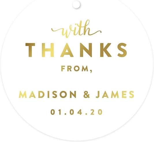 Andaz Press Personalized Round Circle Wedding Gift Tags, Metallic Gold Ink, with Thanks from, 24-Pack, Custom Made Any Name