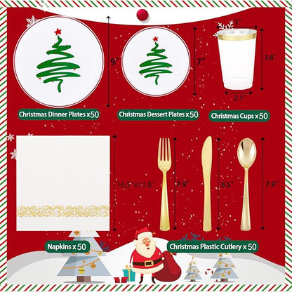Supernal 350pcs Christmas Plastic Dinnerware Set,Christmas Plastic Plates,Gold Plastic Silverware,Gold Plastic Cups,Plastic Plates with Christmas Tree Design Suit for 50 Guests Perfect for Christmas