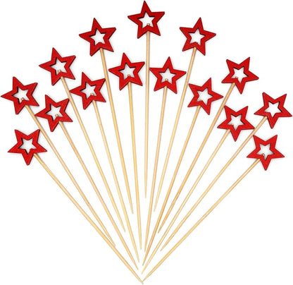 Minisland Big Red Star Cocktail Picks, 5.5 Inch Long Bamboo Fancy Toothpicks for Appetizers, Decorative Christmas New Year Holiday Party Food Drinks Garnish Fruit Skewer Sticks 50 Counts - MSL432
