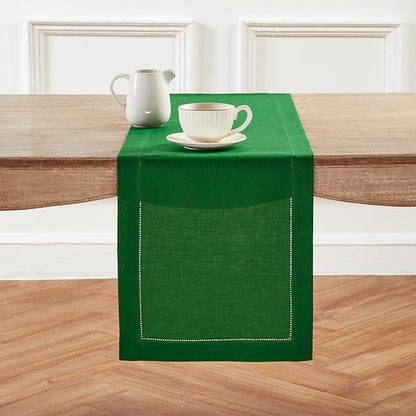 Solino Home Linen Table Runner 36 Inches - 100% Pure Linen Garden Green Hemstitch Table Runner 14 x 36 Inch Ideal for Dresser and Coffee Tables - Classic Hemstitch - Christmas