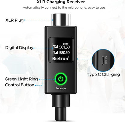 Bietrun XLR Wireless Microphone, UHF Dual Handheld Dynamic Metal Mic Set with Rechargeable Receiver, XLR to 1/4'' Adapter, for Karaoke, Church, Wedding, Party Singing(160 ft Range)(Auto Connect)
