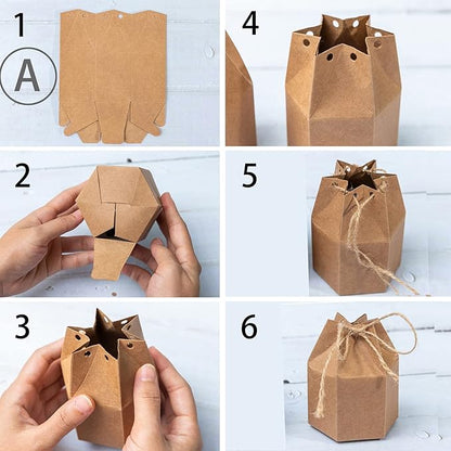 Zontween 50 Pack Hexagon Paper Box With Twines Kraft Paper Hexagon Boxes With Twice Candy Favor Present Boxes For Wedding Birthday Brown