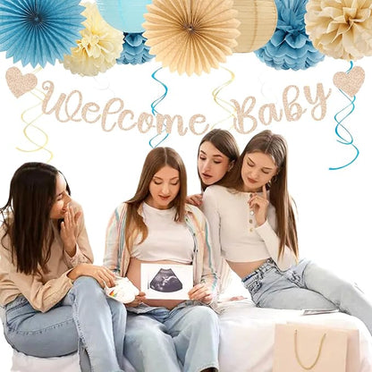Light-Dusty Blue Beige-Champagne Baby-Shower Party-Decorations - 31pcs Welcome Home Banner Sign,Boy Paper Lanterns,Neutral Streamers Garland,Boho Tissue Pom Poms Flowers Fans Backdrop Decor Burgleda