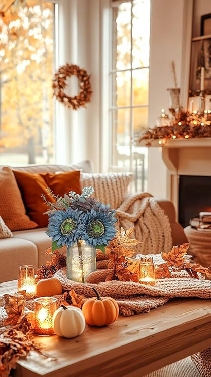 Silk Sunflowers Artificial Flowers with Mason Jar Centerpiece for Table Blue Fall Flowers in Vase Small Fall Floral Arrangement with Vase Thanksgiving Centerpiece for Dining Room Table Autumn Decor
