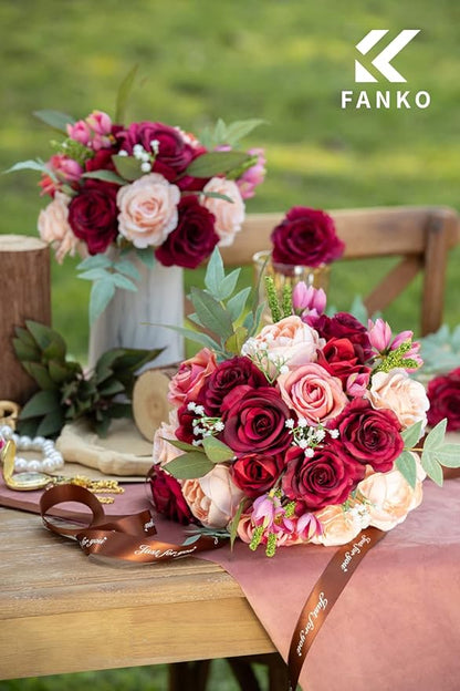 FANKO Rose Artificial Flowers Combo for DIY, Fake Red Rose Artificial Silk Flowers with Greenery, Real Looking Artificial Faux Flowers for Wedding, Table Decoration, Centerpieces, Party, Home Décor