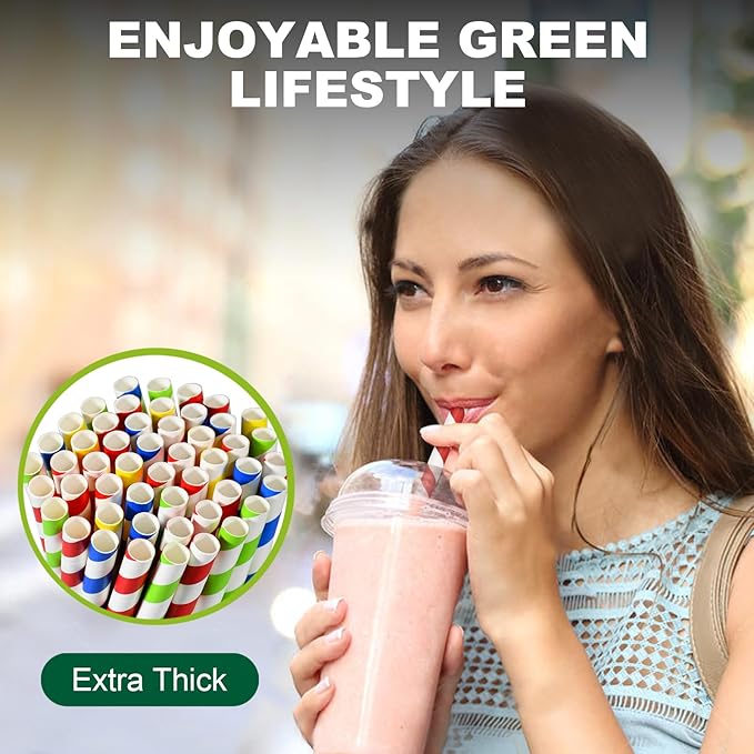 [10mm Wide] 8.5 inch Colossal Paper Straws for Smoothie & Milkshake - Colorful Stripes (Pack of 100)