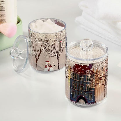 Christmas Winter Qtip Holder Dispenser 4 Pack Snowmen Snow Courtyard with Trees Apothecary Jars with Lids Bathroom Vanity Countertop Canister Storage Organizer for Cotton Ball,Swabs,Pads,Floss