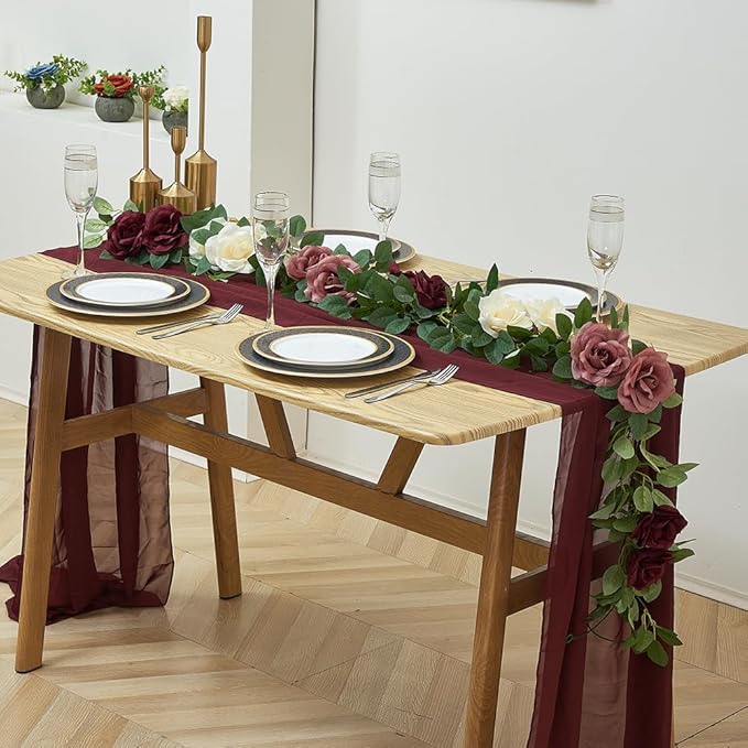 Burgundy Artificial Rose Garlands Rose Vines Leaves Banners Hanging Floral Garland Fake Rose Flower Vine for Wedding Arch Ceremony Home Garden Outdoor Party Wall Decorations
