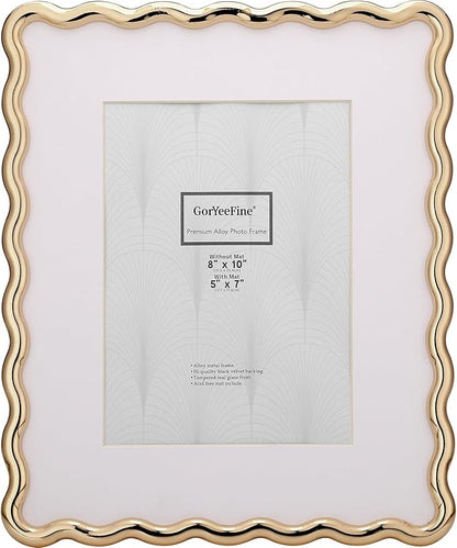 8 x 10'' Heavy-Duty Zinc Alloy Gold Photo Frames with Acid Free Mat for 5x7'',Wave Design Gold Picture Frame 8x10'' with Black Velvet Back