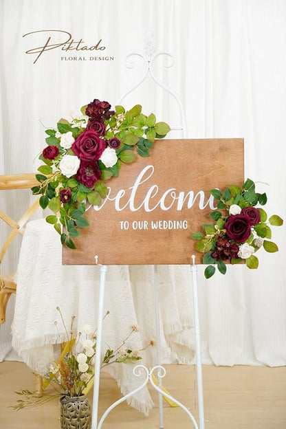 Wedding decor (pack of 2) Welcome Sign Flower Backdrop Garland For Ceremony Reception Wall Easel Home Decoration Entryway Faux Outdoor Board Head Table Decor (Burgundy & White)