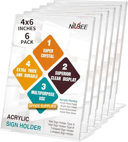 NIUBEE 6Pack Slant Back Acrylic Sign Holder 4x6 inches, Clear Vertical Picture Frames, Desktop Flyer Holder Document Holder Paper Display Stand