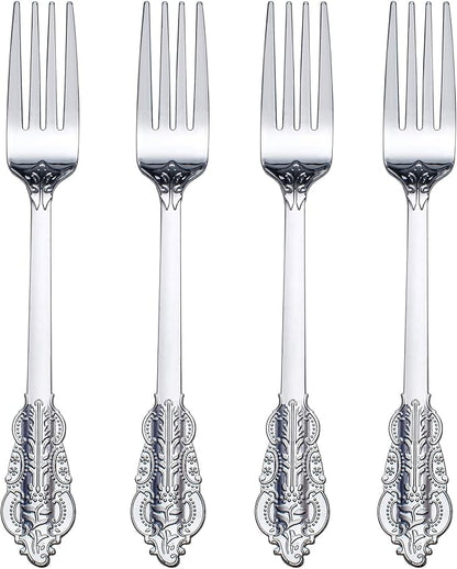 WDF 100 Piece Silver Forks Disposable - 7.48 Inch Silver Plastic Forks - Baroque Silverware for Dessert Cake - Heavy Duty Plastic Fork for Christmas Party, Wedding or Daily Using