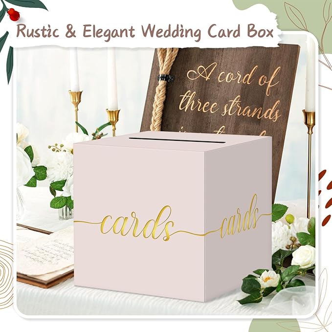 QIKSION Blush Pink Wedding Card Box, Rose Gold Foil Gift Card Box for Party, Wedding Reception, Graduation, Birthday, Baby Shower, Raffle