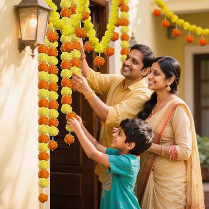 5 Pcs Marigold Garland Diwali Decor Artificial Flowers, 4.5 Feet Artificial Marigold Flowers for Indian Pooja Diwali Home Mantle Decor Wedding Decoration for All Year Decoration (Yellow＆Orange)
