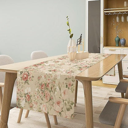 Lovely Rose Table Runner, Red and White Vintage Rose Delicate Floral Natural Pattern Long Table Restaurant Kitchen Holiday Party Decoration,13in（33cm） W * 108in（274cm） L