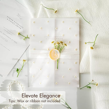 50 Pack Pre-Folded Vellum Jackets For 5x7 Invitations,AZAZA Translucent Invitation Sleeves,115GSM Vellum Jackets 5x7, Wedding Invitation Accessories, For Weddings Birthdays Baby Showers,Elegant Pearl