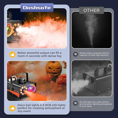 Fog Machine, Halloween Smoke Machine with Disco Ball Lights, 600W and 3000CFM with 13-Color LED Effects, Wired And Wireless Remote Controls, Ideal for Indoor, Outdoor, Wedding, Parties, and DJ Stage