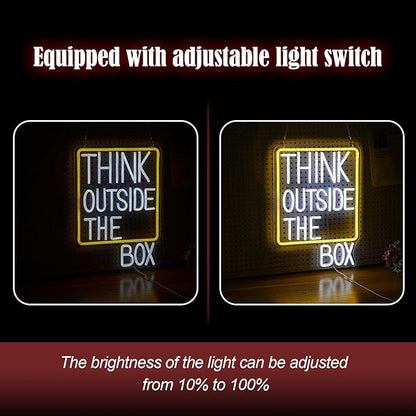 Think Outside The Box Neon Sign Dimmable White Words Neon Light for Wall Decor Led Think Light Up Sign for Study Room Classroom Library Meeting Room Bedroom (16.1 * 11.8 In)