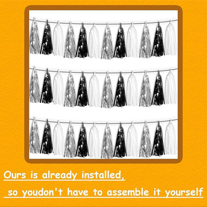 3P Black Silver White Metallic Fringe Tassel Banner Garland Foil Tinsel Streamer Wall Hanging Curtain Backdrop Banner for Parade Floats, Graduation Decorations, Halloween, Christmas Decorations