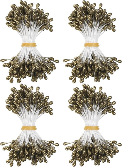600-Pack Flower Stamens for Crafts, 5mm Double Heads Artificial Pearl Floral Pistil Mini Flower Pollens Stamens for DIY Making/Wedding/Scrapbook Decoration [Golden Coffee]