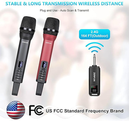 Rechargeable Wireless Microphones Dual, Pro Handheld Cordless Mics System Dynamic with Echo Treble BASS VOL Control for Karaoke Singing Church Party, 1/4'' Output, D240, Grey&Red