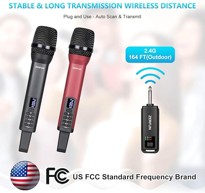Dual Rechargeable Wireless Microphones, Pro Handheld Cordless Mics System with Echo Treble BASS VOL Control for Karaoke Singing Church Party, 1/4'' Output, Grey&Red