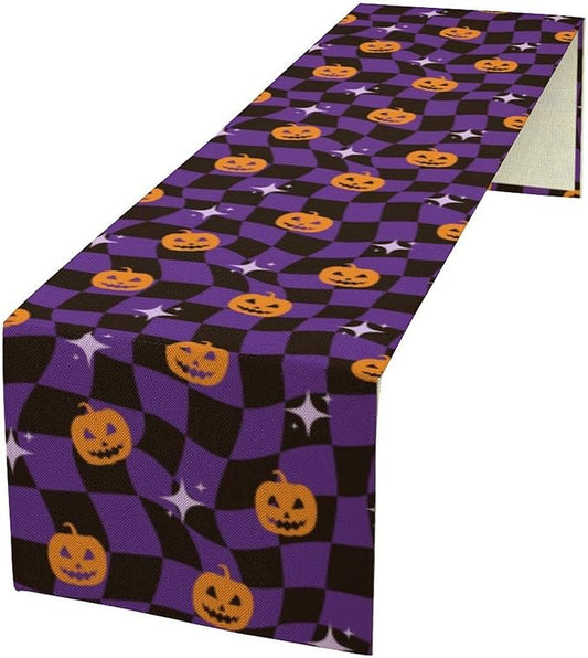 Halloween Table Runner,Purple Checkered Pumpkin Table Runner for Kitchen Dining Table Decoration Home Party Decor 13x120 Inch