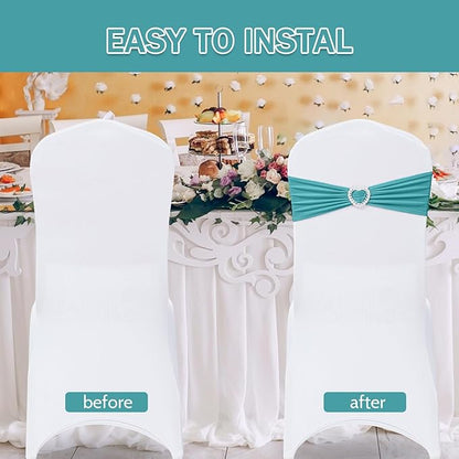 Howhic Pack of 60 Spandex Chair Sashes Bows Stretch Chair Cover Band with Buckle Slider Universal Elastic Chair Ties for Wedding Banquet Party Event Decoration (Turquoise)