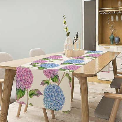 Spring Hydrangea Flower Table Runner, Seasonal Summer Plants Watercolor Pink Purple Florals Dinner Runner for Home Kitchen Dining Table Party Holiday Decoration 13"x60"