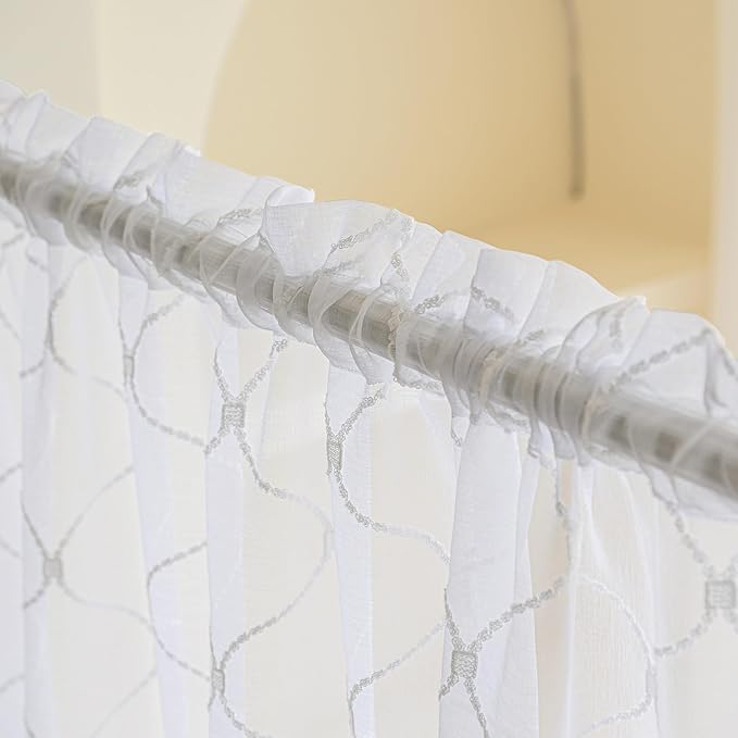 Sheer Curtains White 45 Inches,Wavy Diamond Embroidered Rod Pocket Voile Drapes for Living room, Bedroom, Window Treatments Semi Crinkle Curtain Panels for Yard, Patio, Parlor, 2 Panels, 52"x 45".
