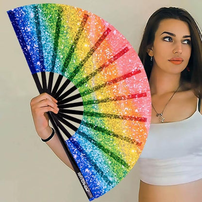 UV Glow Rave Fan, Bamboo Folding Clack Hand Fan for Men Women (Glitter Rainbow, Large 13")