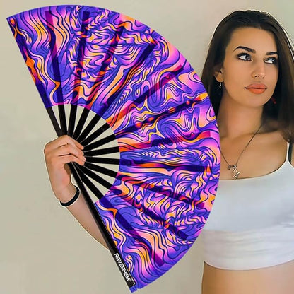UV Glow Rave Fan, Bamboo Folding Clack Hand Fans Foldable for Men Women, Boots on the Ground Poping Fan for EDM Festival Line Dance Decoration, (Wellen, Medium 11")