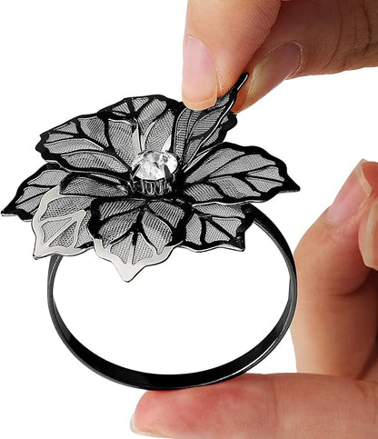 KPOSIYA Flower Napkin Rings Holder Metal Black Napkin Rings Set of 6 for Wedding Party Holiday Banquet Christmas Dinner Delicate Serviette Buckles Decor Favor (6, Black)