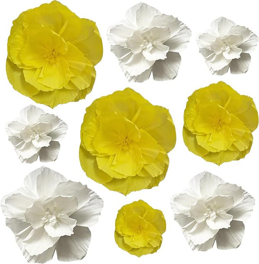 BRT Bearingshui Crepe Paper Flowers Decoration for Wall Total 9 Pcs, Artificial Flowers Backdrop for Wedding Decor Baby Bridal Shower Birthday Party, Yellow White 3D Wall Flowers Decor