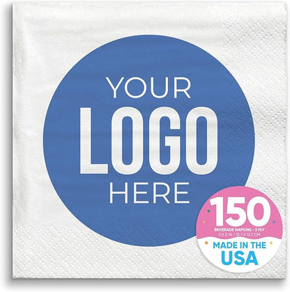 Big Dot of Happiness Custom Logo Party Napkins, Personalized Corporate Branded Business Decor, Your Logo Here White 3-Ply Paper Beverage Napkins - 150 Count