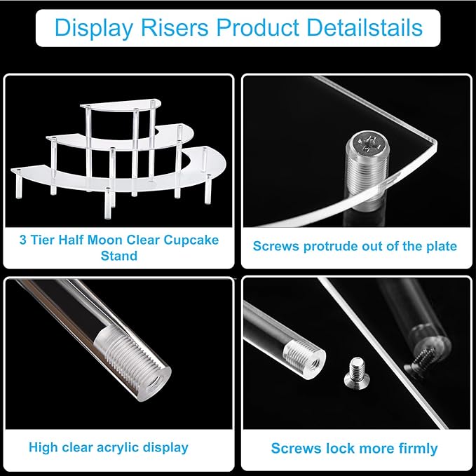Acrylic Display Riser - 3 Tier Clear Cupcake Stand, Perfume Organizer, Half Moon Dessert Stand, Shelf for Food, Amiibo Funko POP Figure Display