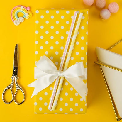 WRAPAHOLIC Reversible Wrapping Paper - Mini Roll - 17 Inch X 33 Feet - Yellow and Polka Dot Design for Birthday, Holiday, Wedding, Baby Shower