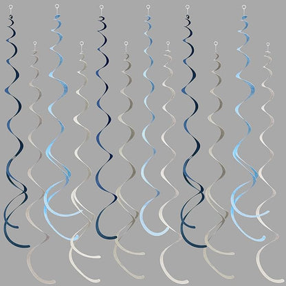 36 Pcs Dusty Blue Gray Hanging Swirl Decorations Navy Blue Grey Felt Swirl Streamer Spiral Ceiling Garland for Baby Shower Wedding Birthday Engagement Ahoy Achor Nautical Graduation Party Supplies