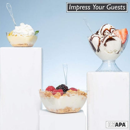 Ilyapa 5oz Plastic Dessert Cups - 100 Pack Mini Dessert Cups with Spoons - Clear Reusable Small Appetizer Cup for Cheesecake Shooters, Chocolate Mousse, Parfait - Party and Catering Supplies - Square