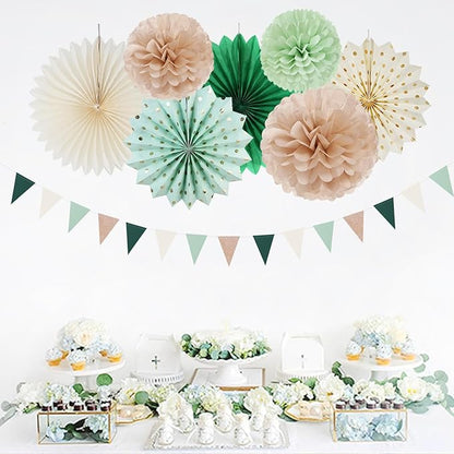 Olive-Sage Green Champagne-Gold Pink Party-Decorations - 20pcs Rustic Wedding Paper Lanterns Fans,Tissue Pom Poms,Honeycomb Balls,Bunting,Boho Bachelorette Neutral Baby Shower Decor Burgleda