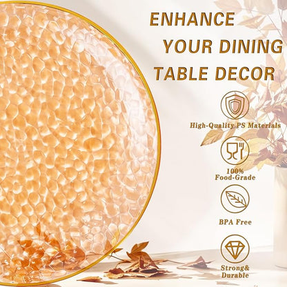Rubtlamp 100Pcs Thanksgiving Plastic Dinner Plates, 10 Inch Disposable Orange Dinner Plates, Heavy Duty Plates with Gold Rim, Hammered Disposable Plastic Party Plates For Event Party