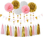 Pink-White Gold Girl Birthday Party-Decorations - 23pcs Kits Tissue Paper Pom Poms Streamers,Princess Banner Flags,Bachelorette Baby Bridal Shower Engagement Decoration Tassel Garland Lasting Surprise