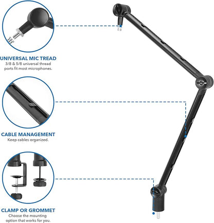 MOUNT-IT! Adjustable Microphone Boom Arm [3/8’’ to 5/8’’ Screw Adapter] Suspension Scissor Mic Stand, Desk Mount For Blue Snowball, Yeti, & Other Studio and Gaming Microphones (With Cable Management)