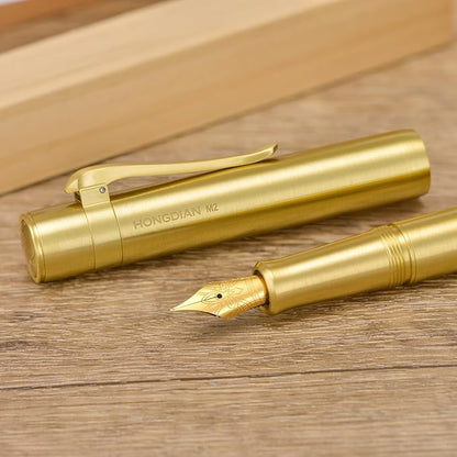 Hongdian M2 Mini Brass Fountain Pen with Bent Nib, Sleek Shape Short Pocket Travel Pen (Glossy Brass)