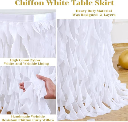 Partisky White Tulle Curly Willow Table Skirt for Rectangle Table 9ft, Ruffle Tutu Table Cloth for Wedding,Bridal Shower, Baby Shower,Birthday Party