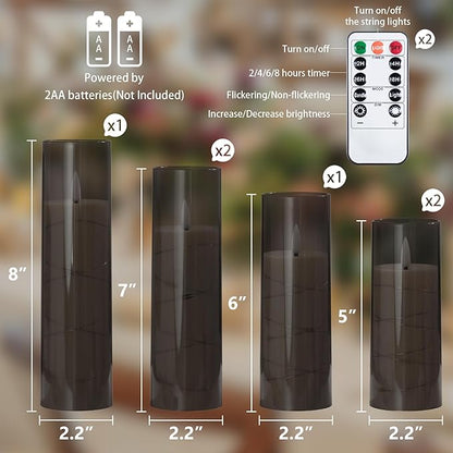 Grey Flameless Candles with Remote and String Light, 2.2"x 5",5",6",7",7",8" LED Battery Operated Plastic Flickering Timer Pillar Candles(Pack of 6,Turn On/Off String Light Mode)