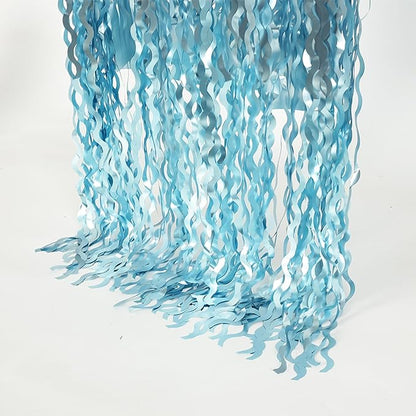 4 Pack Wavy Blue Foil Fringe Curtain 3.3x6.6 Feet | Blue Streamers Tinsel Backdrop for Under The Sea Party Decorations | Ocean Backdrop | Mermaid Birthday Decorations